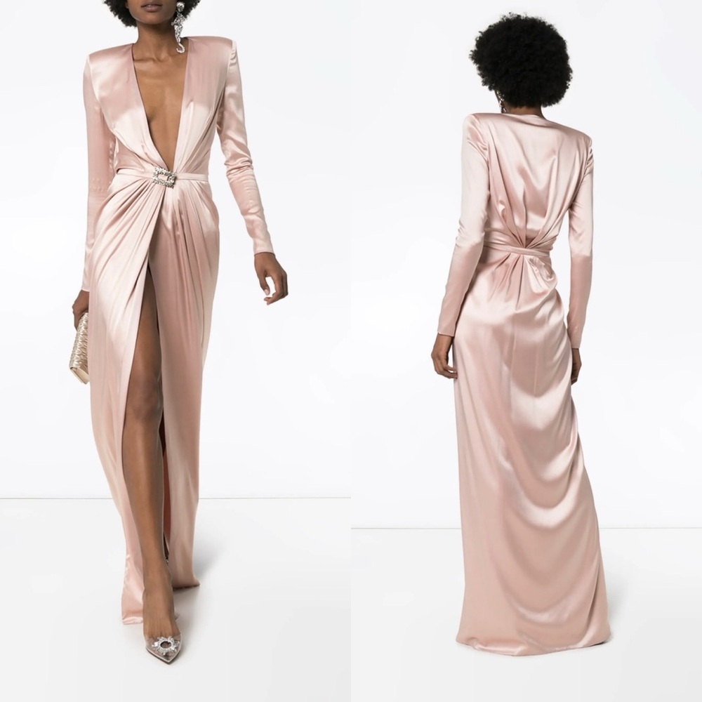 ALEXANDRE VAUTHIER Ruched Crystal Embellished Silk Maxi Dress in Blush Sz 4 US - Picture 3 of 11